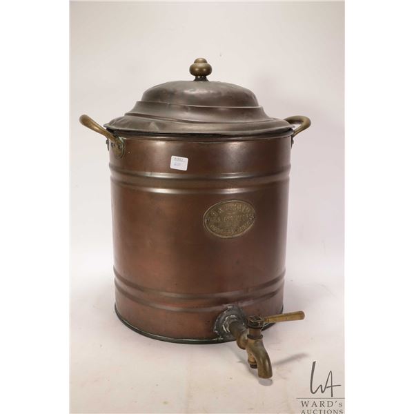 Antique copper alloy lidded drinks container with spigot marked "R & A. Maine Gas Engineers, London 