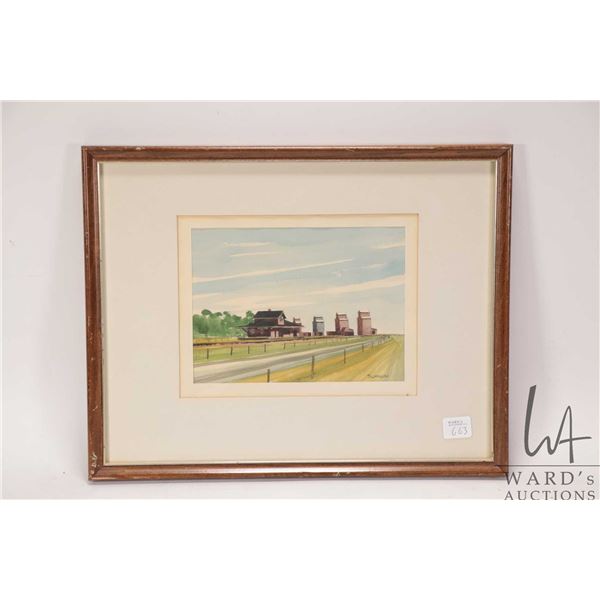 Thomson framed original watercolour painting of a trainstation and grain elevators, 6" X 8"