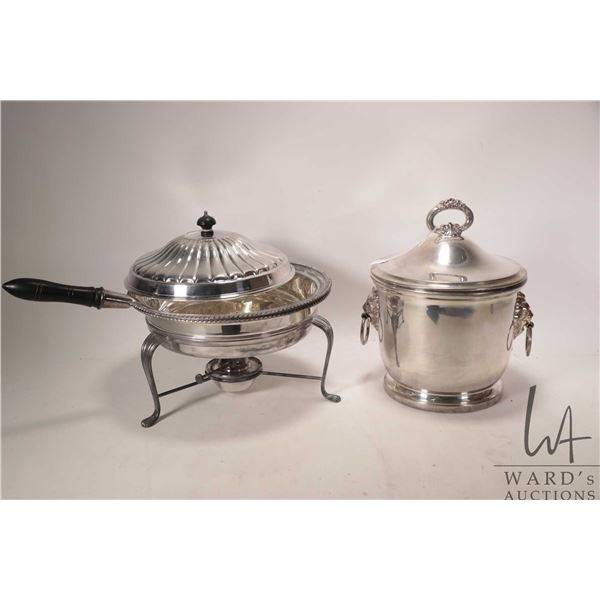 Two pieces of vintage silverplate including Winthrop lined lidded ice bucket with double lion motif 