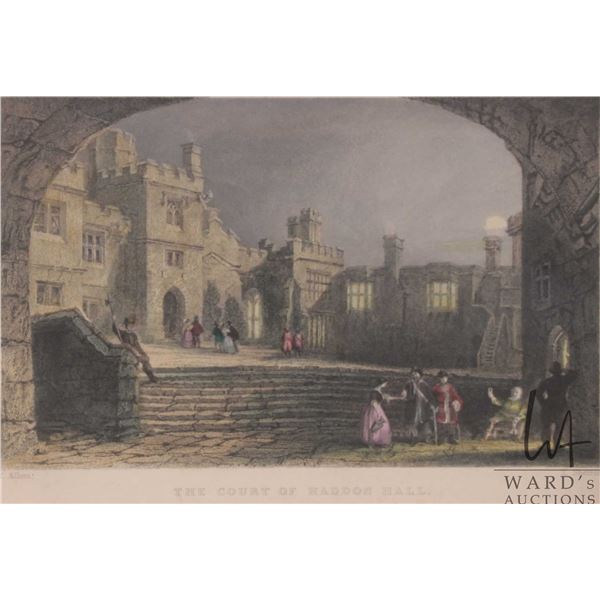 Antique hand coloured engraving titled "The Court of Haddon Hall" overall dimensions including frame