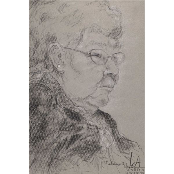 Velma Heath, artist signed charcoal portrait of an old woman, 21" X 15 1/2"