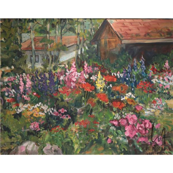 Velma Heath, framed acrylic on canvas, titled on verso "Flower Garden", artist signed, 21 1/2" X 27"