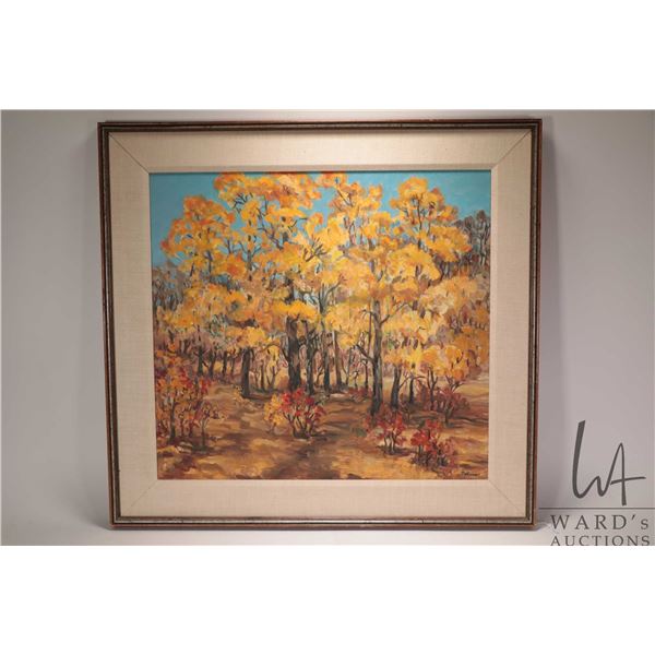 Velma Heath, framed acrylic on canvas, titled on verso "Poplars & Sunshine" 23" X 25 1/2". Note: Not