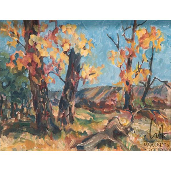 Velma Heath, framed acrylic on canvas, titled on verso "Police Point Medicine Hat", 10 1/2" X 13 1/2