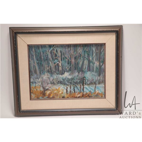 Velma Heath, framed acrylic on canvas, untitled forest in early winter, 11" X 15 1/2"