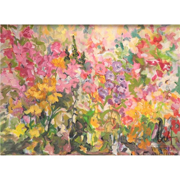 Velma Heath, framed acrylic on canvas, titled on verso " Flower Garden", 17" X 23". Note: Not availa