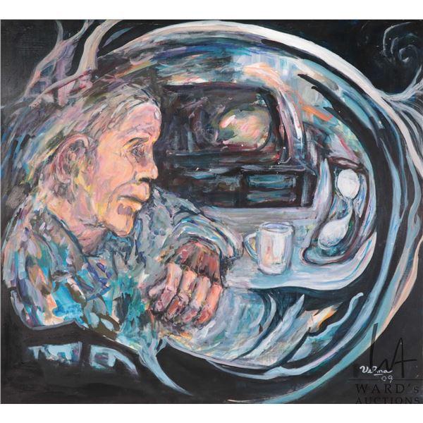 Velma Heath, framed acrylic on canvas, untitled painting of a gentleman in a diner, signed Velma '09