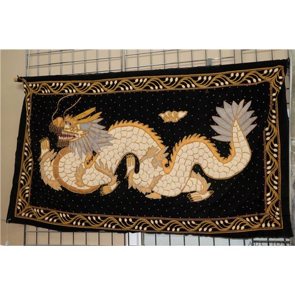 Burmese beaded dragon motif wall hanging. Measures 31" x 61"