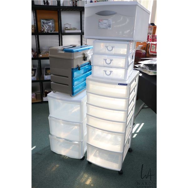 Selection of storage bins including two rolling, two small stationary and a carry case