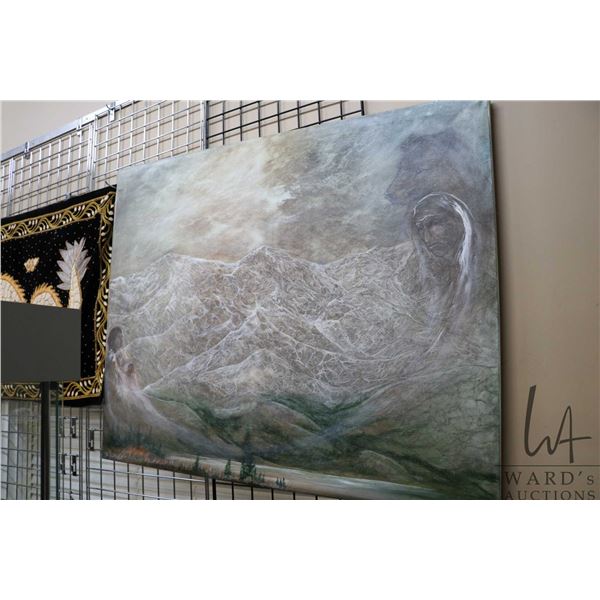 Richard Dixon stretcher framed acrylic on canvas painting featuring Indigeous spirits, signed by art