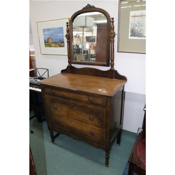 Three drawer mid 20th century mirrored dresser 36" to top of cabinet, 68" to top of mirror and 37" W