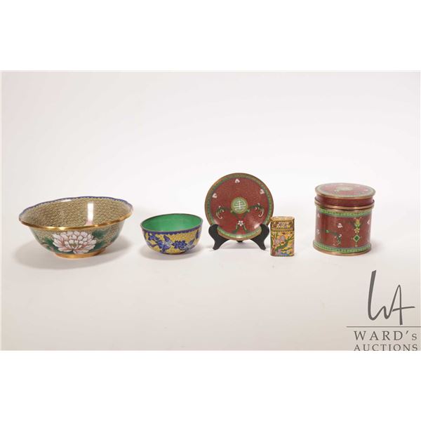 Selection of cloisonne including 6" diameter bowl, match case, etc