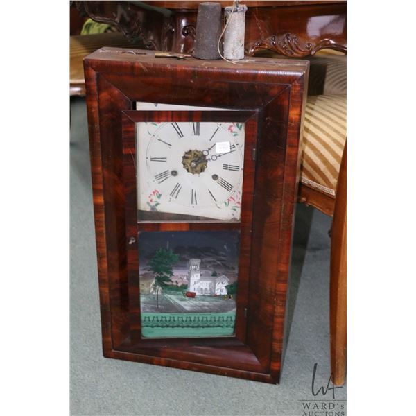 Antique Jermone & Co. , New Haven weight driven wall clock with reverse transferware church. Missing