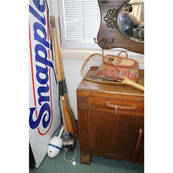 Selection of boating and fishing items including two marker buoys, fishing net made by Ed Cumings, f