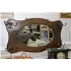 Image 1 : Antique quarter cut oak wall mirror with original cast hooks, overall dimensions 24" H X 40" W. Note