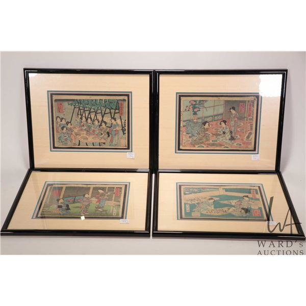 Four vintage Japanese woodblock prints featuring scenes of everyday life, each 13" X 16" overall dim