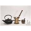 Image 1 : Two mortar and pestle sets including one stone and one brass plus a cast iron Oriental teapot with s