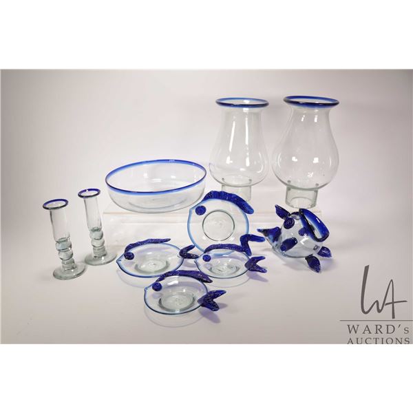 Roselift Height Dos Sueno Mexico glassware including two 10" high hurricanes, pair of candle sticks,