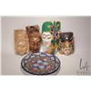 Image 1 : Selection of four carved masks, some painted and some natural and a 16" diameter glazed pottery Mexi