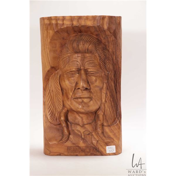 Hand carved wooden portrait plaque titled "Running Bear", no artist signature seen, 15" in height