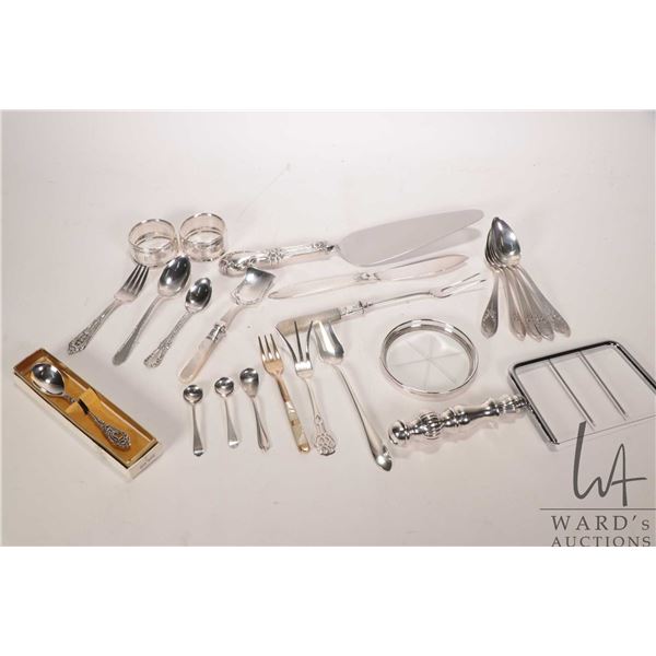 Selection of sterling silver and silverplate serving pieces including set of five sterling teaspoons