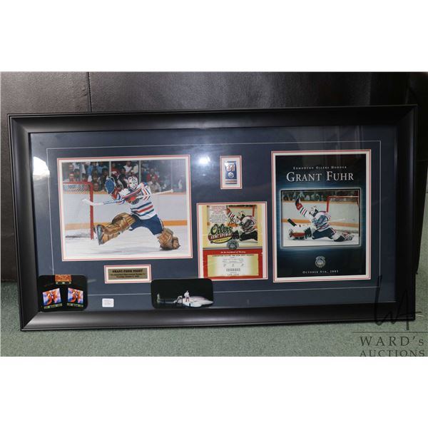 Framed Grant Fuhr hockey collage titled Grant Fuhr Night, "The Edmonton Oilers Honour Number 31" fro