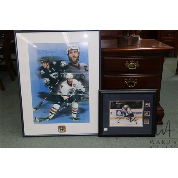 Two framed and hand signed Edmonton Oilers collectibles including Jason Smith, 32" X 25" and No. 20 