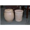 Image 1 : Three gallon Medalta butter crock with repaired lid and a two gallon Medicine Hat Potteries crock. N