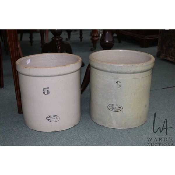 Two Medalta crocks, one five gallon and one six gallon. Note: Not available for shipping. Local pick