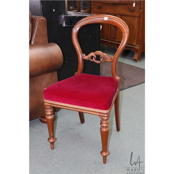 Antique mahogany framed balloon back chair with velvet upholstery. Note: Not available for shipping.