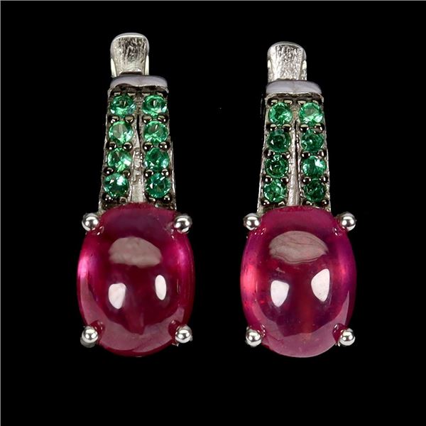 RUBY AND GREEN CZ EARRINGS IN PLATED 925 STERLING SILVER