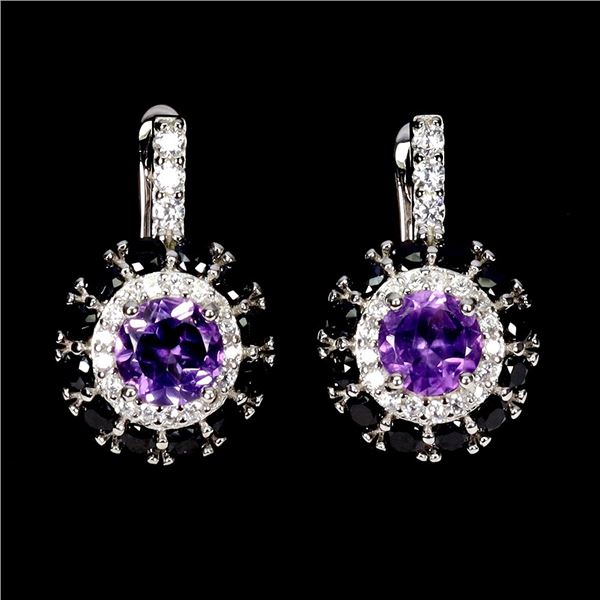 AMETHYST AND BLACK SPINEL EARRINGS IN 14K GOLD PLATED 925 STERLING SILVER
