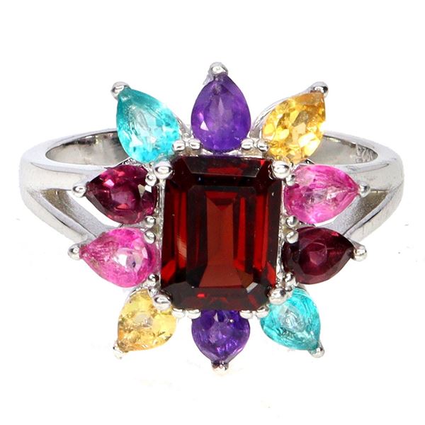 MULTIPLE GEMSTONE RING IN 14K WHITE GOLD-PLATED 925 STERLING SILVER (SIZE 8)