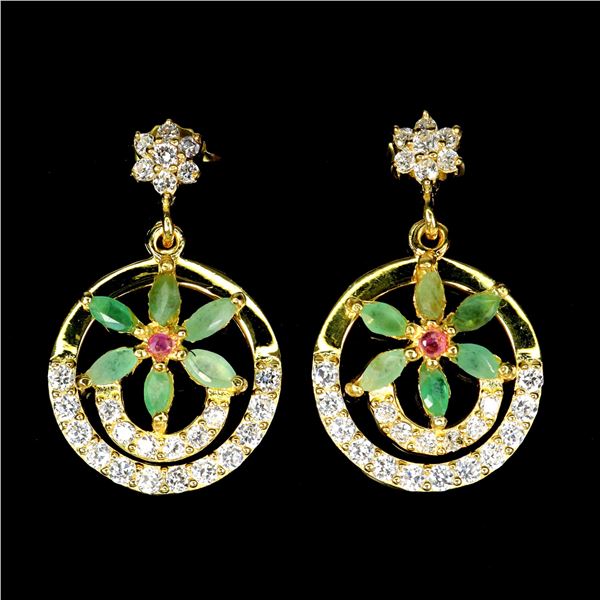 MARQUISE CUT EMERALD AND RUBY FLOWER EARRINGS IN 14K WHITE GOLD-PLATED 925 STERLING SILVER