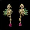 Image 1 : RUBY, EMERALD AND SAPPHIRE EGRET EARRINGS IN 14K YELLOW GOLD-PLATED 925 STERLING SILVER