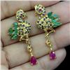 Image 2 : RUBY, EMERALD AND SAPPHIRE EGRET EARRINGS IN 14K YELLOW GOLD-PLATED 925 STERLING SILVER