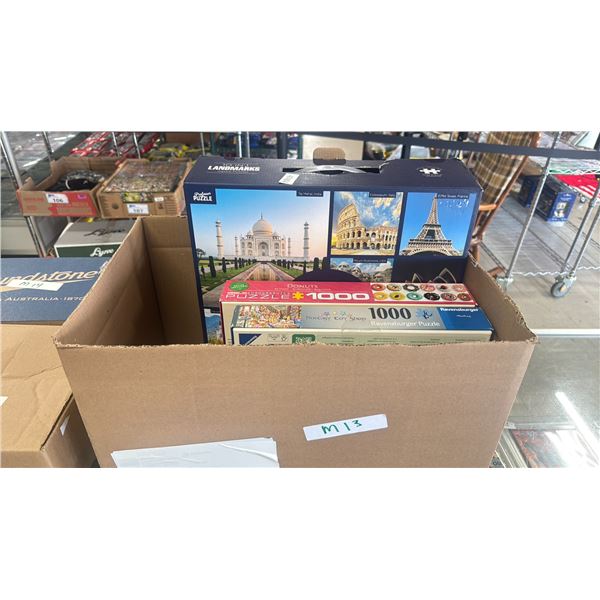 ASSORTED PUZZLES - 1 BOX WITH 10 - 500 PIECE PUZZLES & 3 - 1000 PIECE PUZZLES
