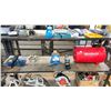 Image 1 : SHELF OF ASSORTED TOOLS INCLUDING; MOTOMASTER PORTABLE AIR TANK, 5" DROP 2/5" HITCH ATTACHMENT,
