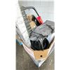Image 1 : PALLET OF ASSORTED ITEMS INCLUDING; AUTO PARTS, CAR DOOR, METAL RIMS & MORE