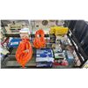 Image 2 : SHELF LOT OF EXTENSION CABLES, LED MARKER PENNY LIGHTS, BUTT CONNECTORS, TIRE INFLATOR & MORE
