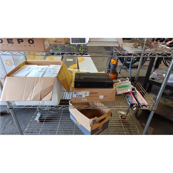 SHELF OF ASSORTED ITEMS INCLUDING; HD UDAL TUNER DVR, FITTERS WITH GLASS GLOBE & CAST GUARD,