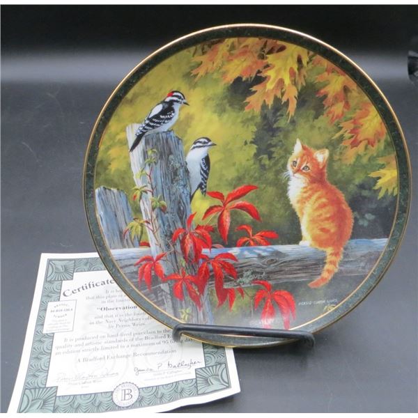 Bradford Exchange "Observation Deck" Nosy Neighbor's 8" Diameter Collector Plate Cats/Birds W/COA