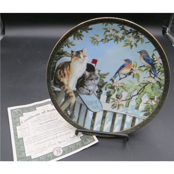 Bradford Exchange "Special Delivery" Nosy Neighbor's 8" Diameter Collector Plate Cats/Birds W/COA