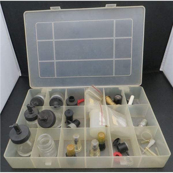 Plastic Sorting Tray With Glass Air Brush Bottles With Various Tips, Magnifiers & Other Parts