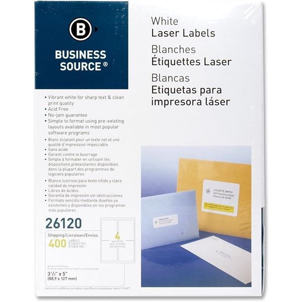New Sealed Business Source 3 1/2" x 5" White Laser Mailing Labels - Pack of 400