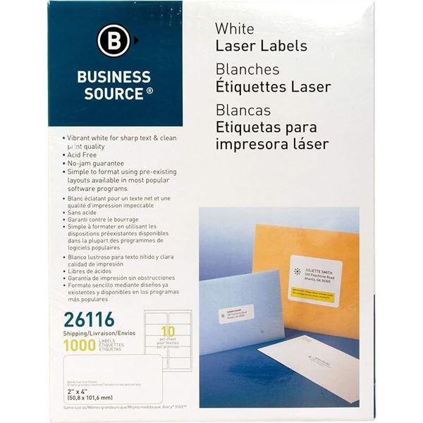 Business Source Bright White Premium Quality 2" x 4" Shipping Labels --1000/pk