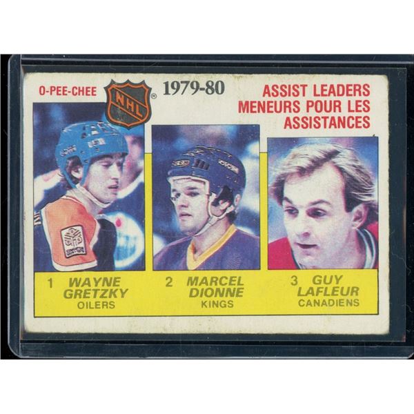 1980-81 O-Pee-Chee #162 Assists Leaders Wayne Gretzky/Marcel Dionne/Guy Lafleur BV $70