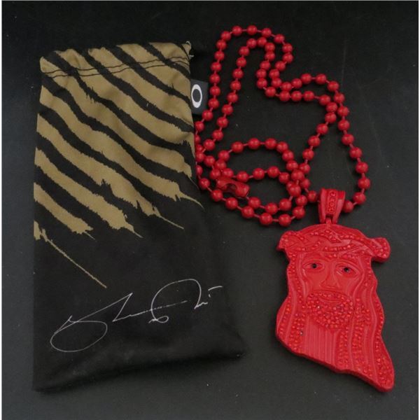 Red Metal Jesus Face Pendant With Rhinestones and Long Chain