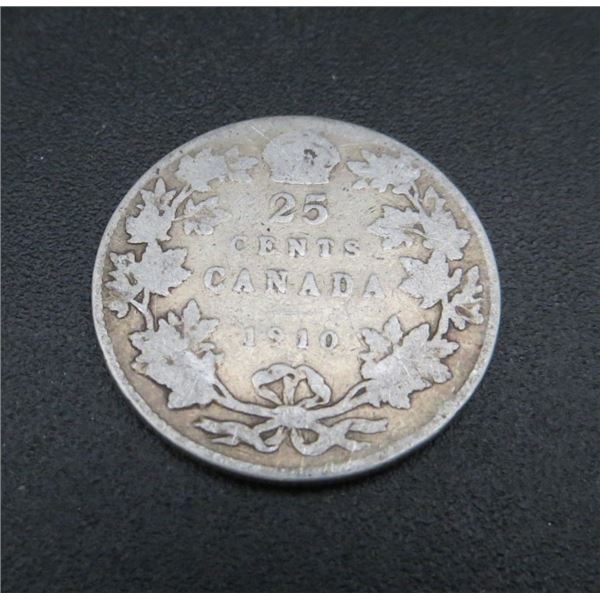 1910 Canadian Silver 25 Cent Coin