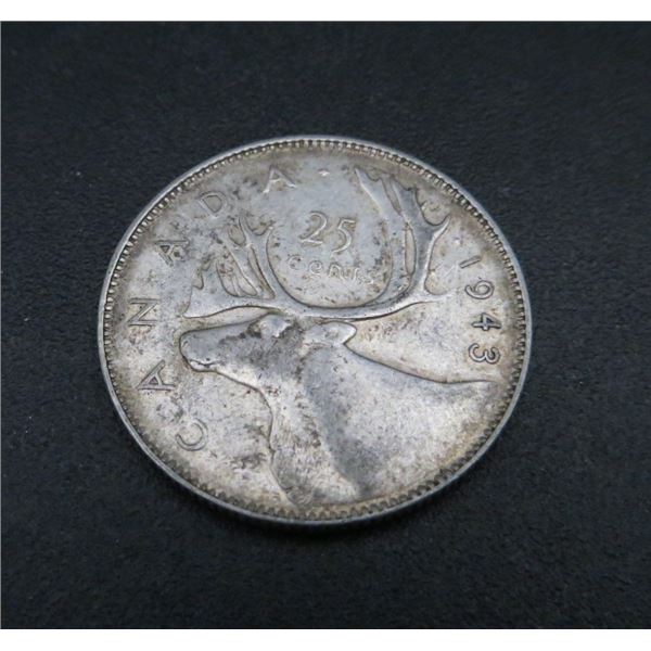 1943 Canadian Silver 25 Cent Coin